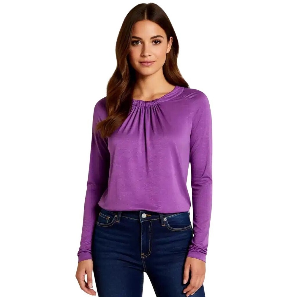 Kenneth Cole New York Purple Gathered Neck Long Sleeve Blouse Top Women's Md NWT
